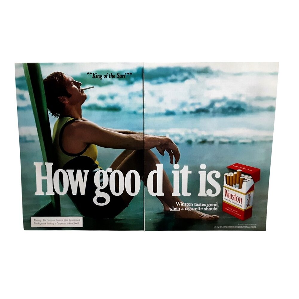 1973 Winston Cigarettes Surfer Vintage Print Ad Two Piece Cut